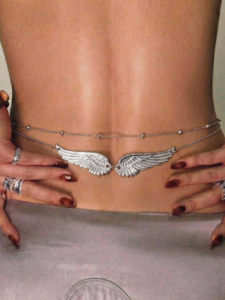 Silver Sexy Women's Angel Wings Metal Beaded Beach Waist Chain Set
